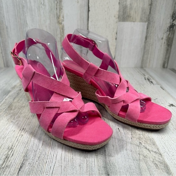 New Cole Haan Crystal Pink Neon Suede Wedge Sandals #195 - Picture 3 of 12
